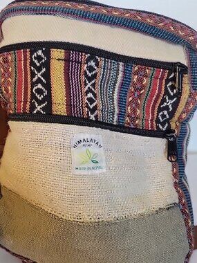 Himalayan Hemp shoulder bag, multicolor geometric, leather strap, pockets, Nepal